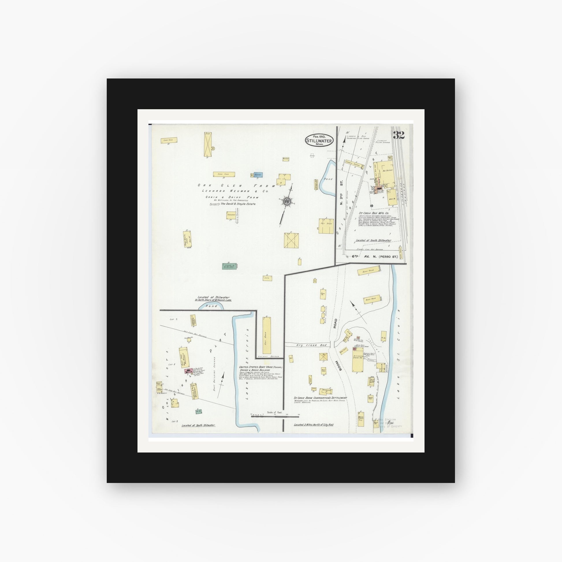 Old map wall art mockup — black gallery frame with white mat — Sanborn Fire Insurance Map from Stillwater, Washington County, Minnesota (1910), Sheet #0032