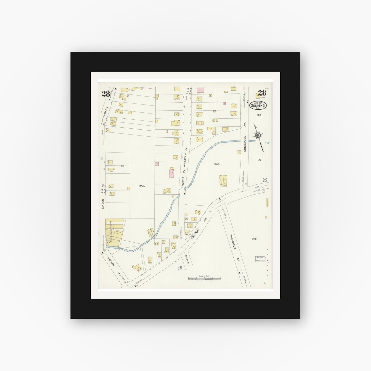 Old map wall art mockup — black gallery frame with white mat — Sanborn Fire Insurance Map from Ossining, Westchester County, New York (1924), Sheet #0028