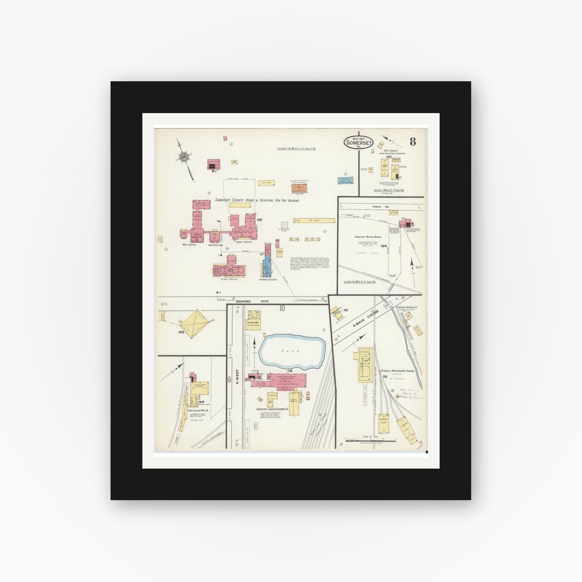 Old map wall art mockup — black gallery frame with white mat — Sanborn Fire Insurance Map from Somerset, Somerset County, Pennsylvania (1917), Sheet #0008