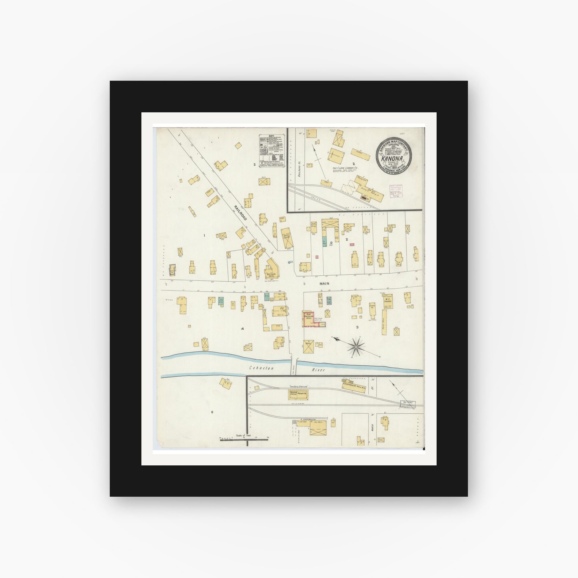 Old map wall art mockup — black gallery frame with white mat — Sanborn Fire Insurance Map from Kanona, Steuben County, New York (1906), Sheet #0001