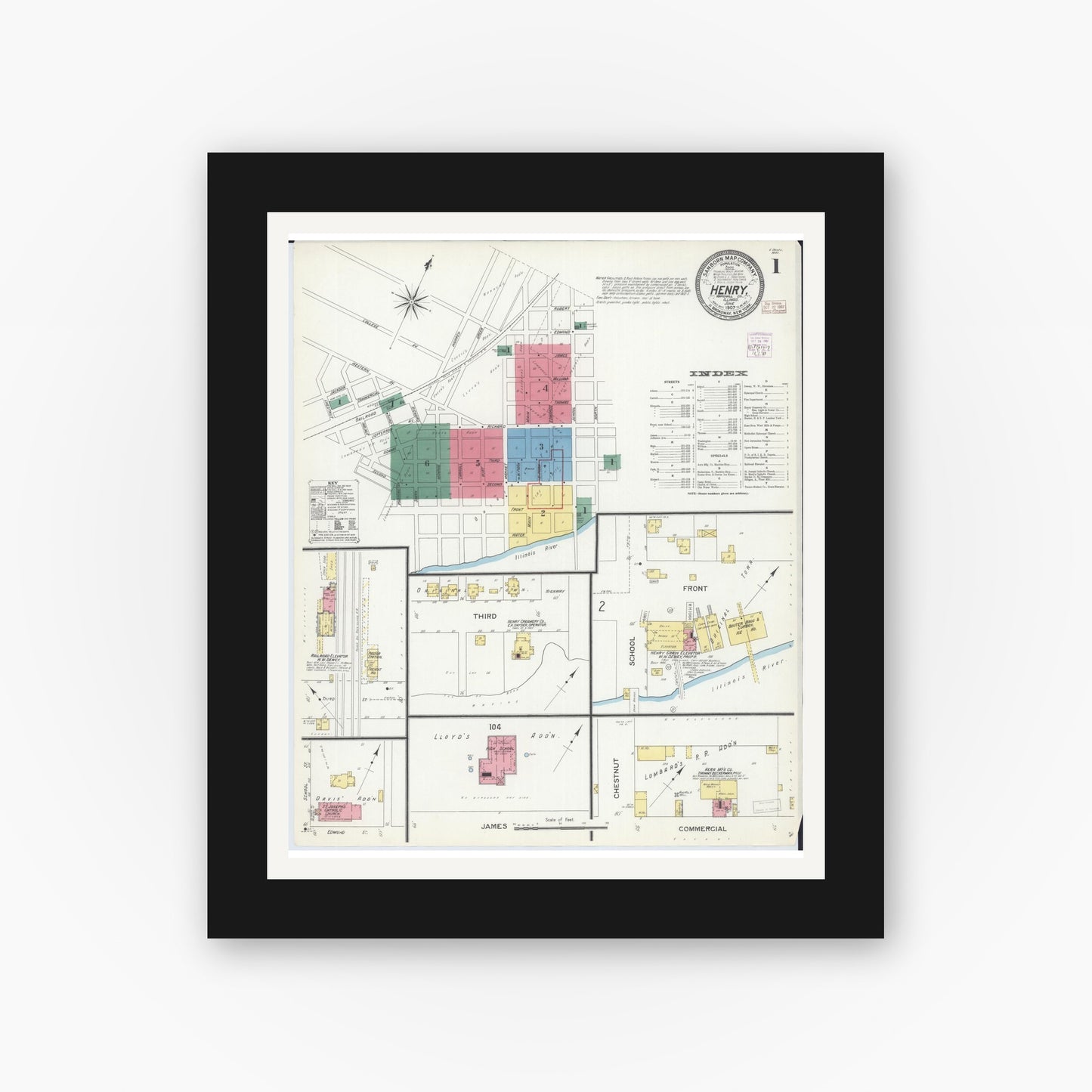 Old map wall art mockup — black gallery frame with white mat — Sanborn Fire Insurance Map from Henry, Marshall County, Illinois (1907) - Complete Map Set