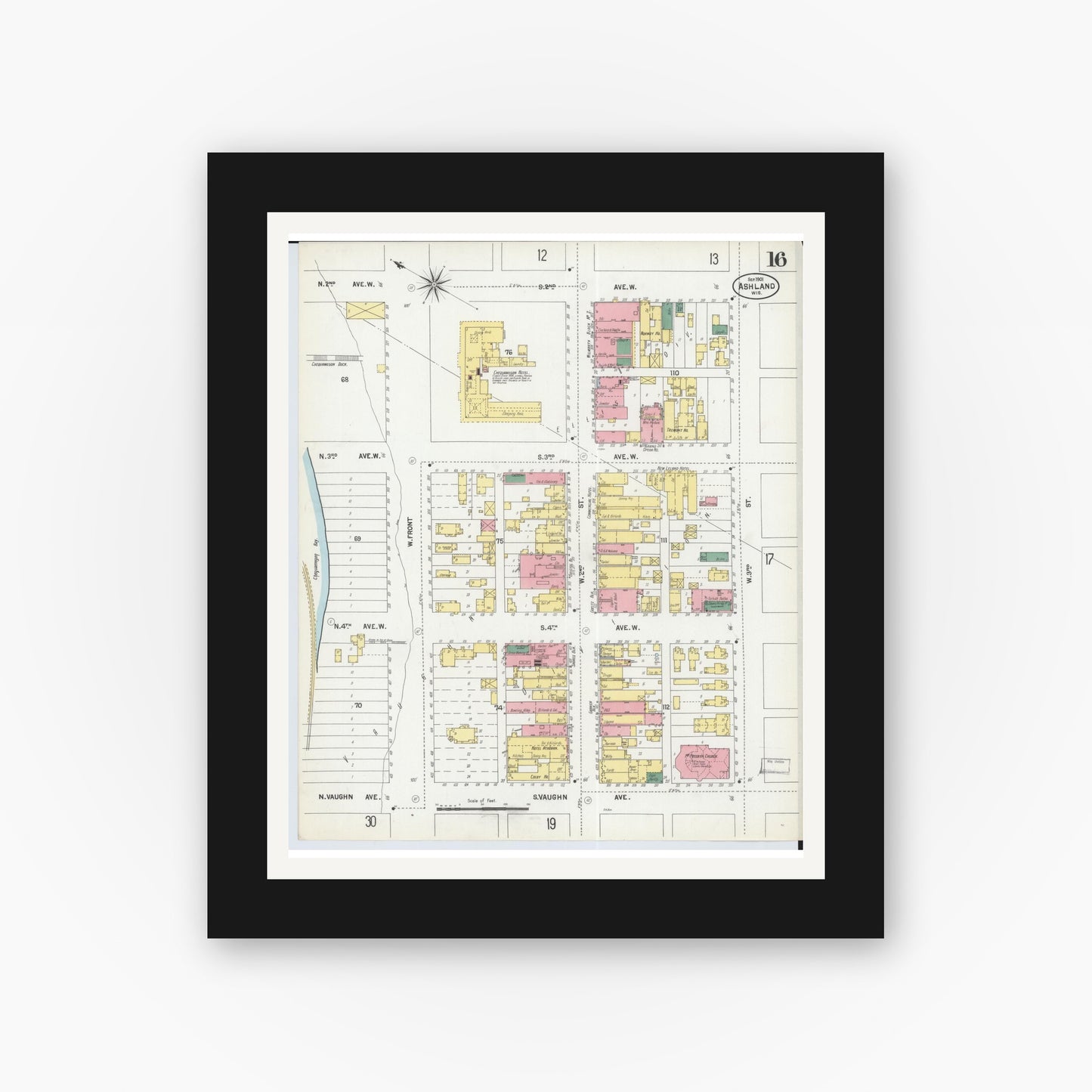 Old map wall art mockup — black gallery frame with white mat — Sanborn Fire Insurance Map from Ashland, Ashland County, Wisconsin (1901), Sheet #0016