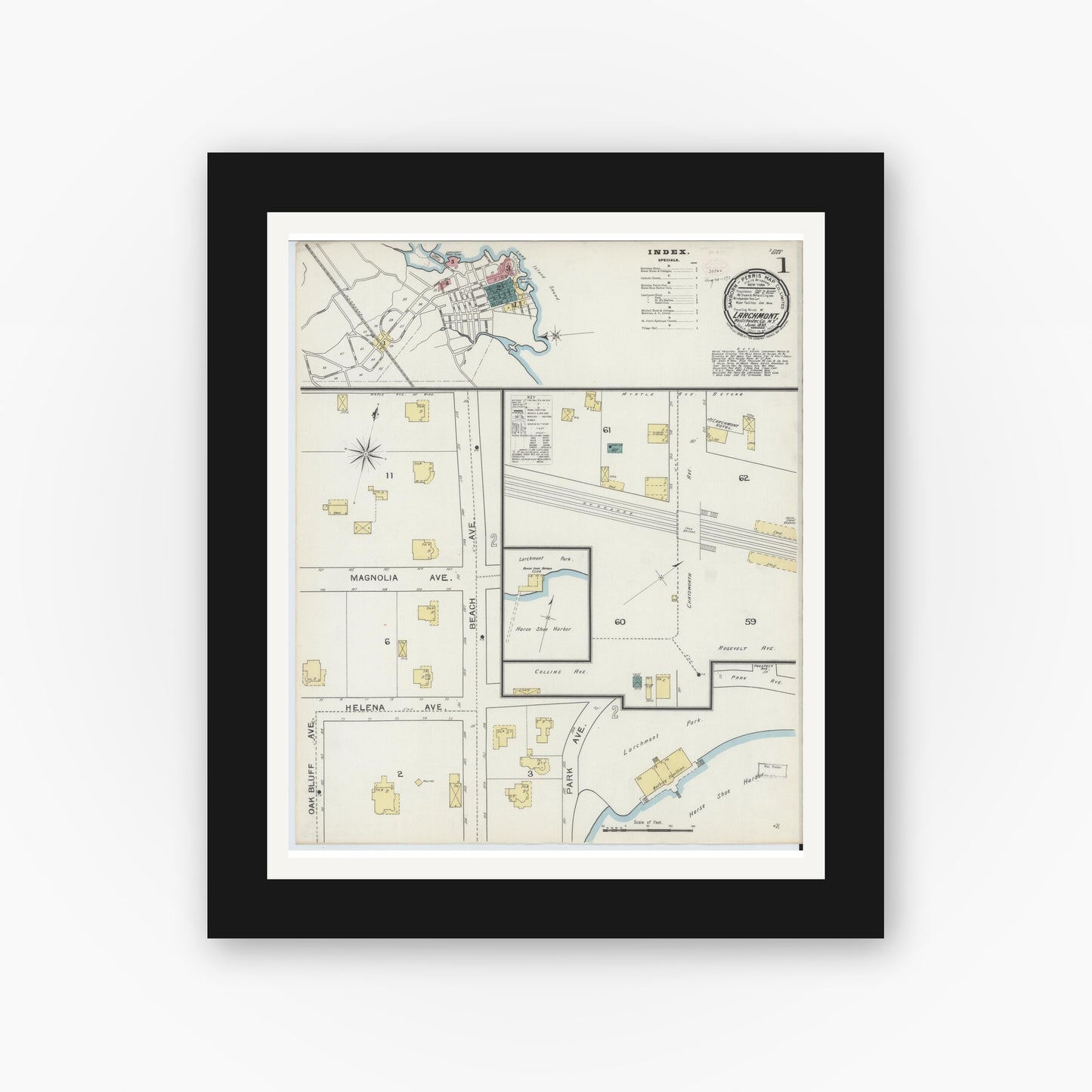Old map wall art mockup — black gallery frame with white mat — Sanborn Fire Insurance Map from Larchmont, Westchester County, New York (1893), Sheet #0001