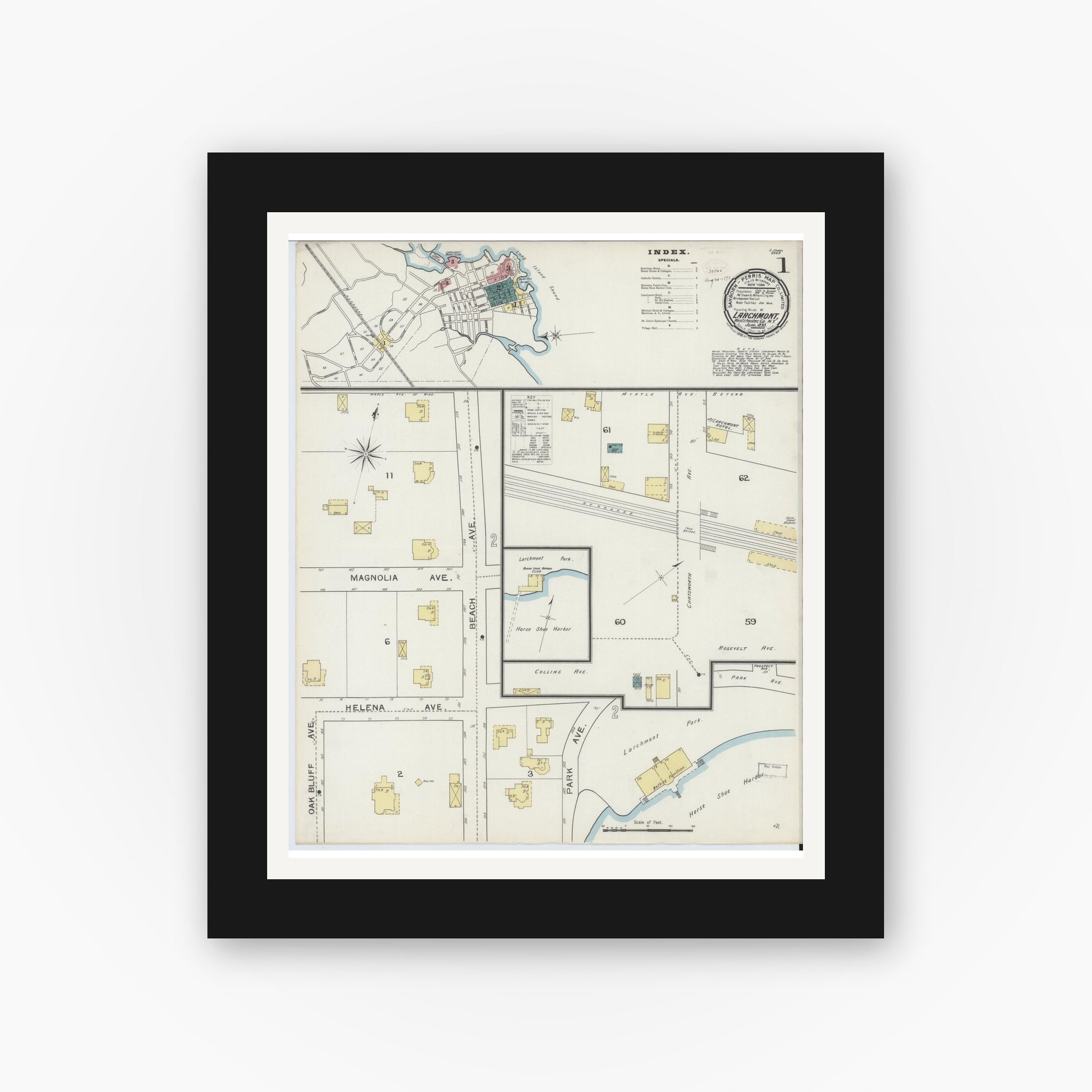 Old map wall art mockup — black gallery frame with white mat — Sanborn Fire Insurance Map from Larchmont, Westchester County, New York (1893), Sheet #0001