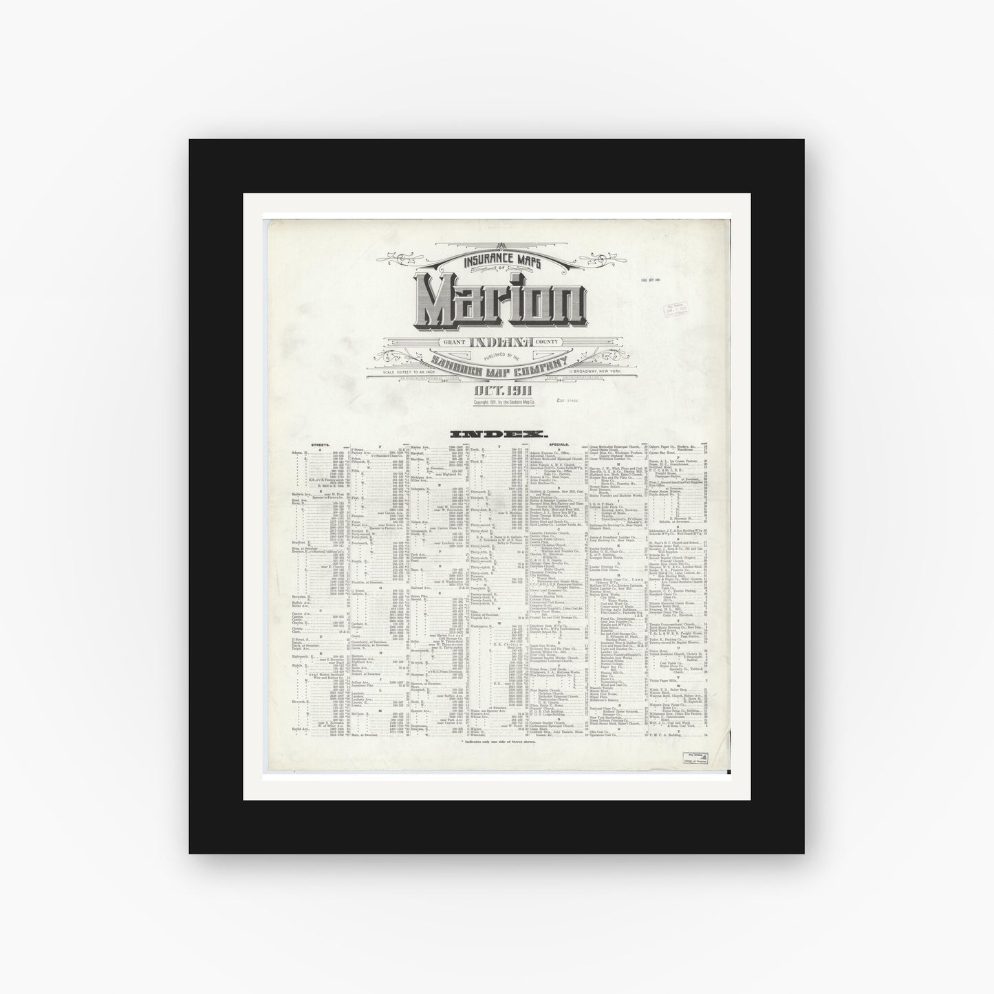 Old map wall art mockup — black gallery frame with white mat — Sanborn Fire Insurance Map from Marion, Grant County, Indiana (1911), Sheet #0001
