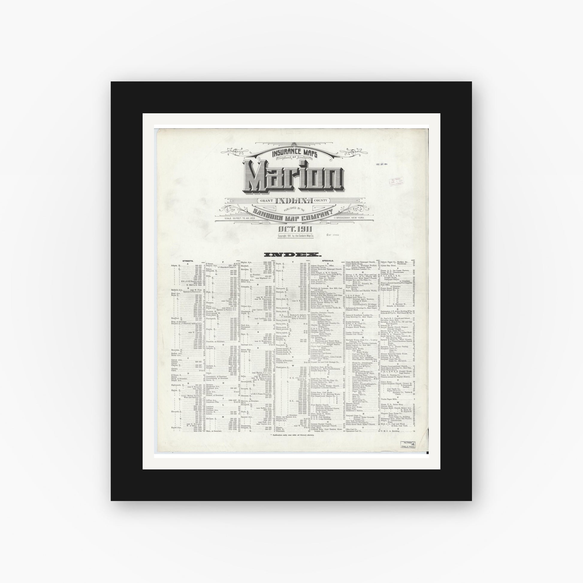 Old map wall art mockup — black gallery frame with white mat — Sanborn Fire Insurance Map from Marion, Grant County, Indiana (1911), Sheet #0001