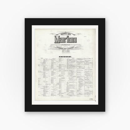 Old map wall art mockup — black gallery frame with white mat — Sanborn Fire Insurance Map from Marion, Grant County, Indiana (1911), Sheet #0001