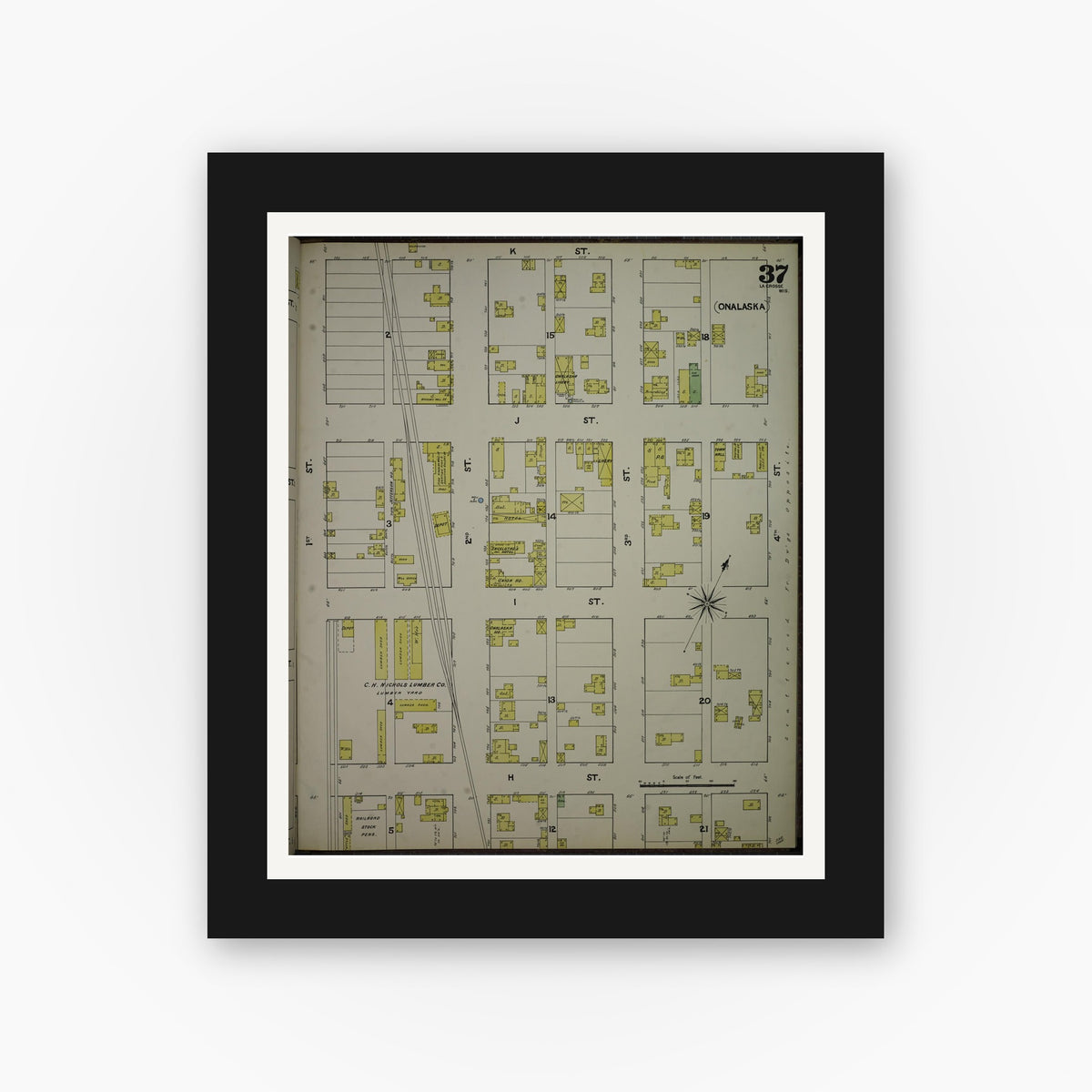 Old map wall art mockup — black gallery frame with white mat — Sanborn Fire Insurance Map from La Crosse, La Crosse County, Wisconsin (1891), Sheet #0037