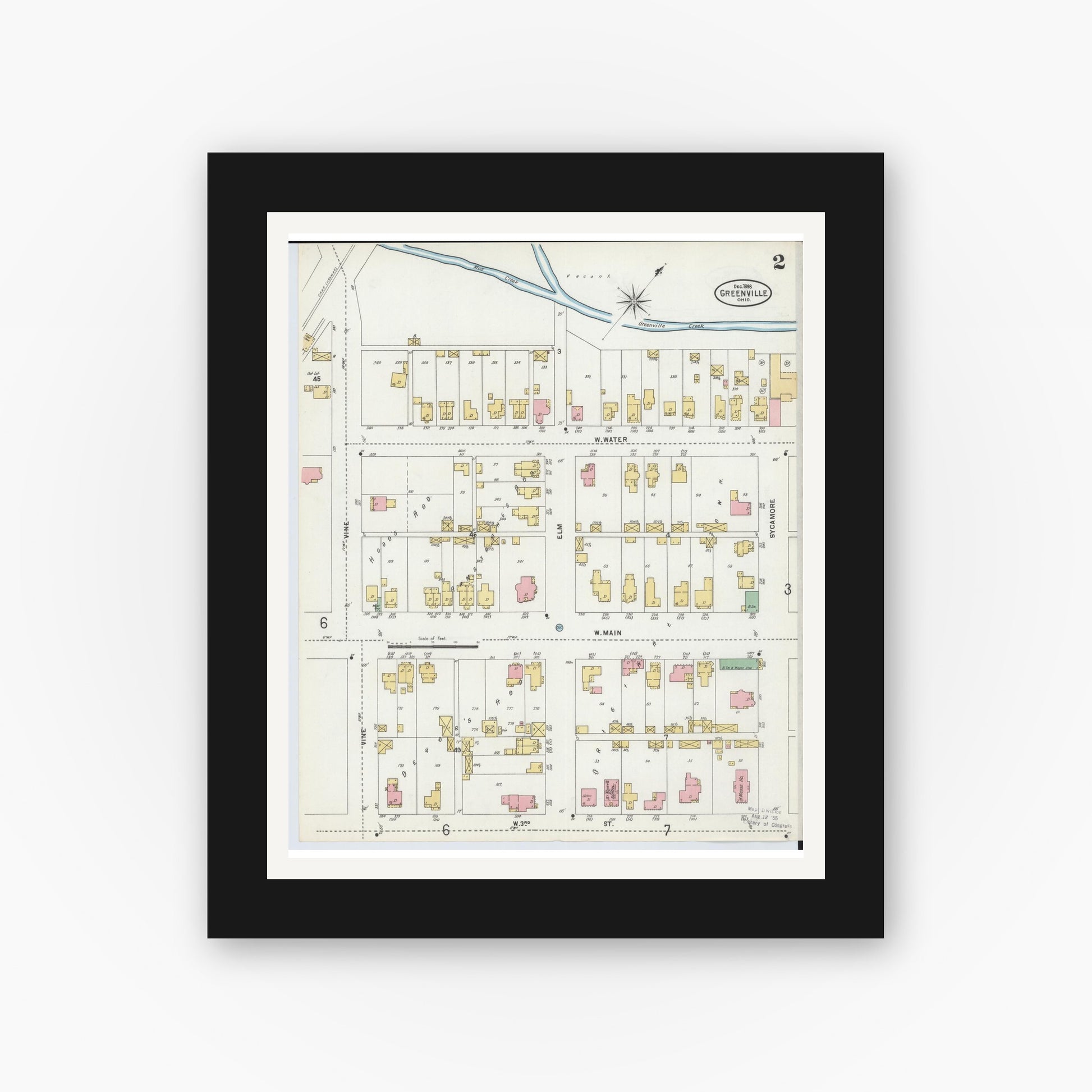 Old map wall art mockup — black gallery frame with white mat — Sanborn Fire Insurance Map from Greenville, Darke County, Ohio (1898), Sheet #0002