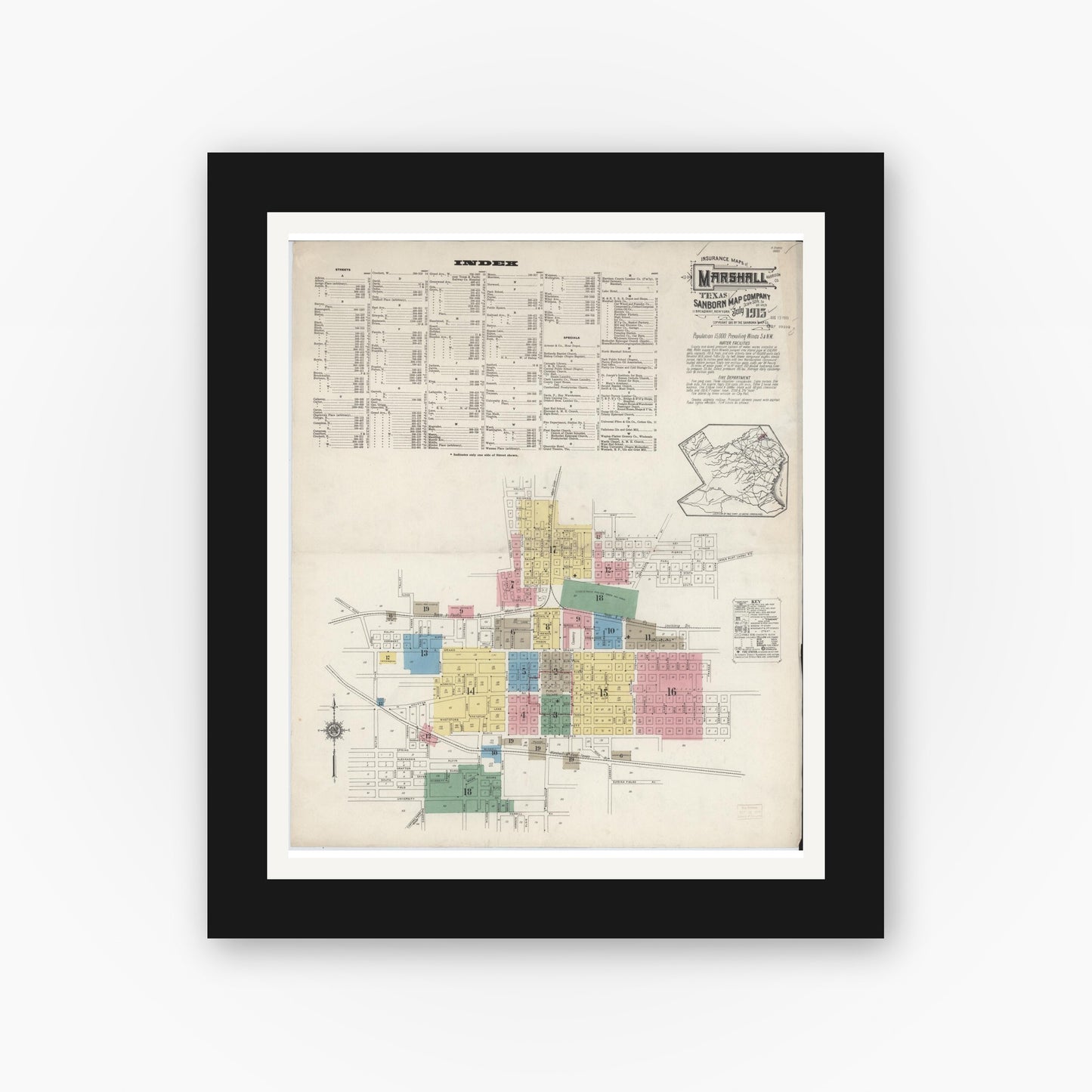 Old map wall art mockup — black gallery frame with white mat — Sanborn Fire Insurance Map from Marshall, Harrison County, Texas (1915) - Complete Map Set