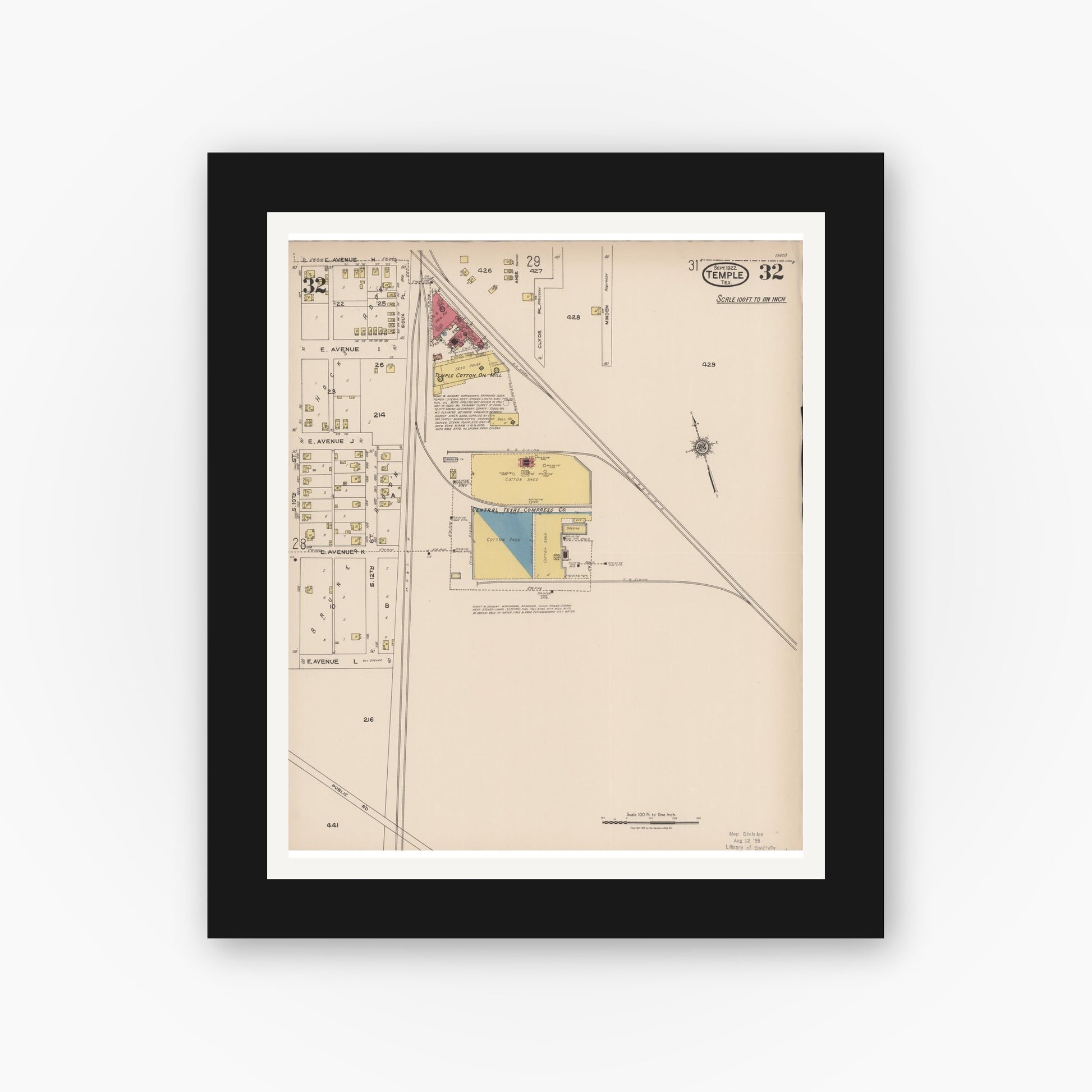 Old map wall art mockup — black gallery frame with white mat — Sanborn Fire Insurance Map from Temple, Bell County, Texas (1922), Sheet #0032