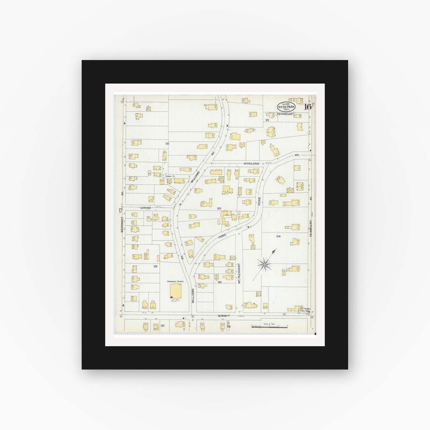 Old map wall art mockup — black gallery frame with white mat — Sanborn Fire Insurance Map from Hyde Park, Norfolk County, Massachusetts (1900), Sheet #0016