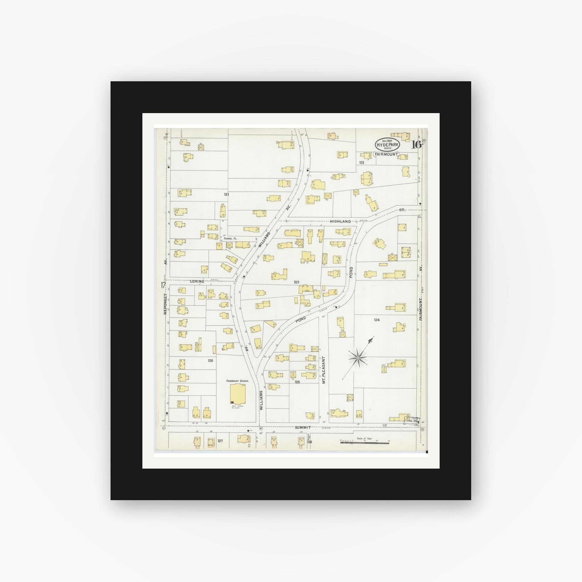 Old map wall art mockup — black gallery frame with white mat — Sanborn Fire Insurance Map from Hyde Park, Norfolk County, Massachusetts (1900), Sheet #0016