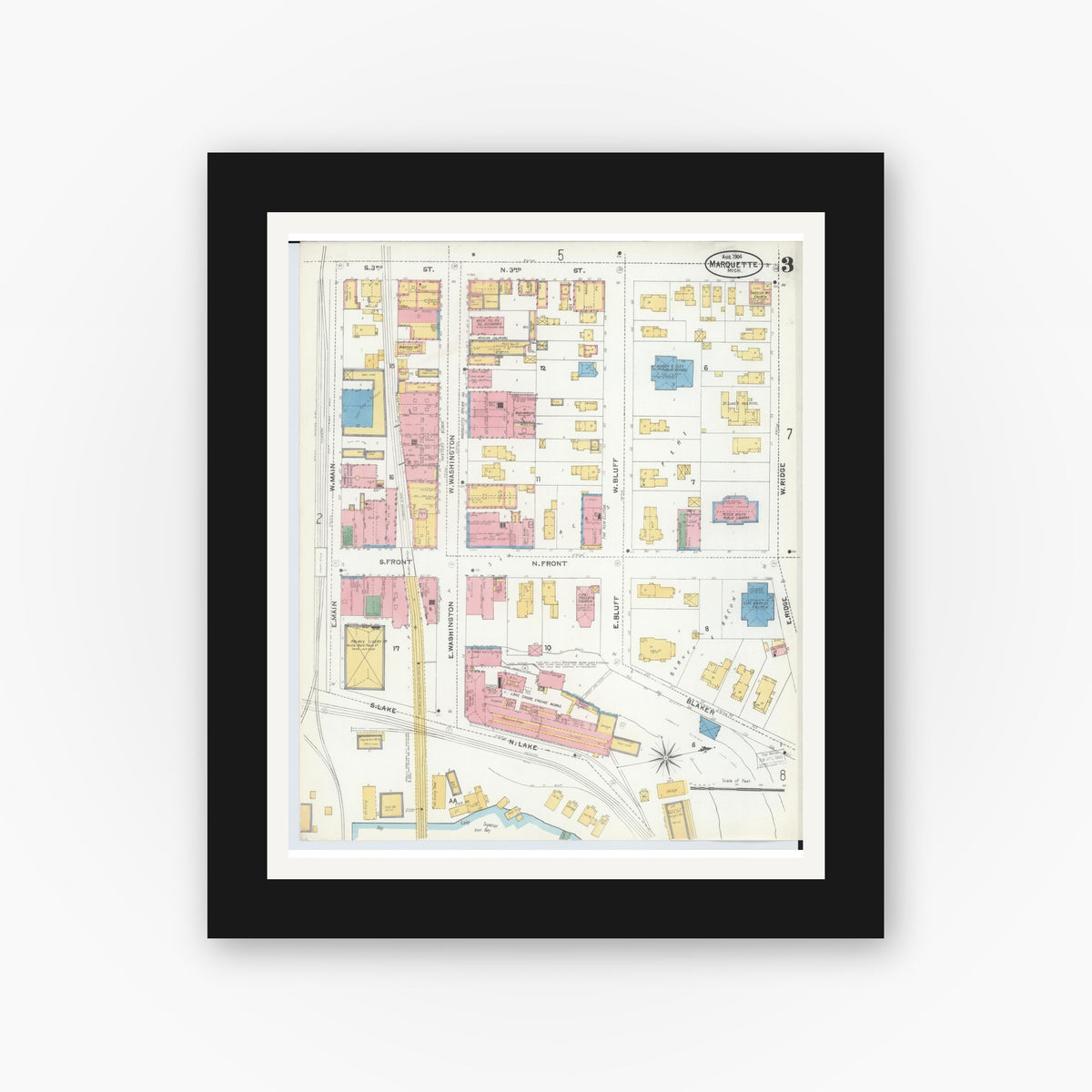 Old map wall art mockup — black gallery frame with white mat — Sanborn Fire Insurance Map from Marquette, Marquette County, Michigan (1904), Sheet #0003