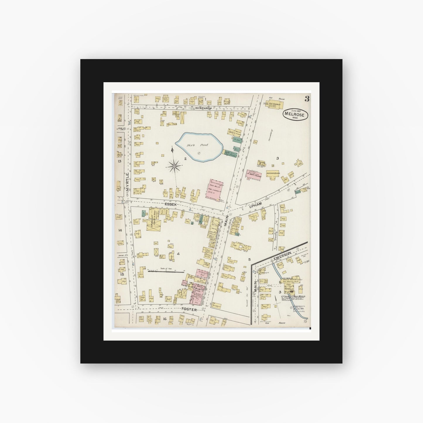 Old map wall art mockup — black gallery frame with white mat — Sanborn Fire Insurance Map from Melrose, Middlesex County, Massachusetts (1887), Sheet #0003