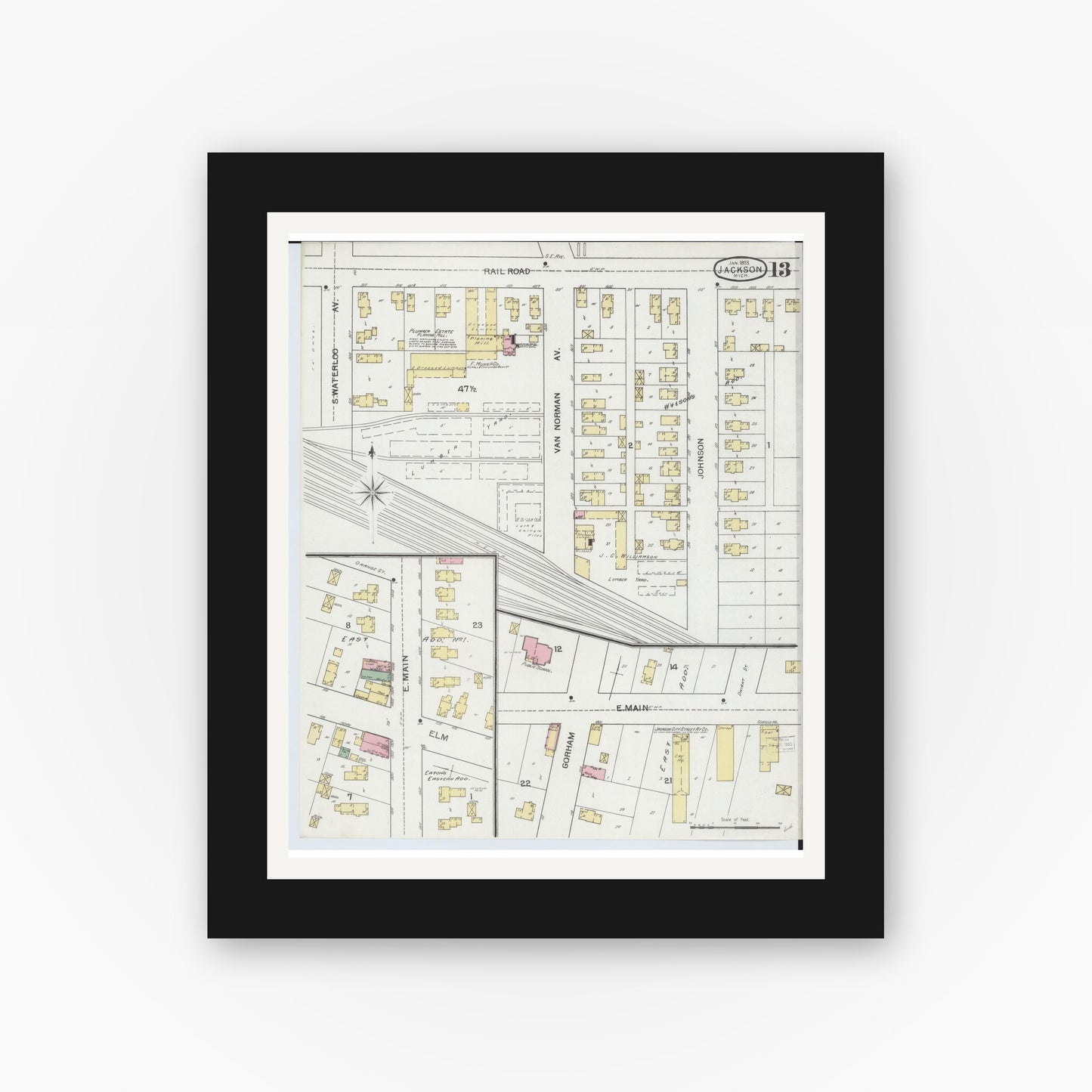 Old map wall art mockup — black gallery frame with white mat — Sanborn Fire Insurance Map from Jackson, Jackson County, Michigan (1893), Sheet #0013