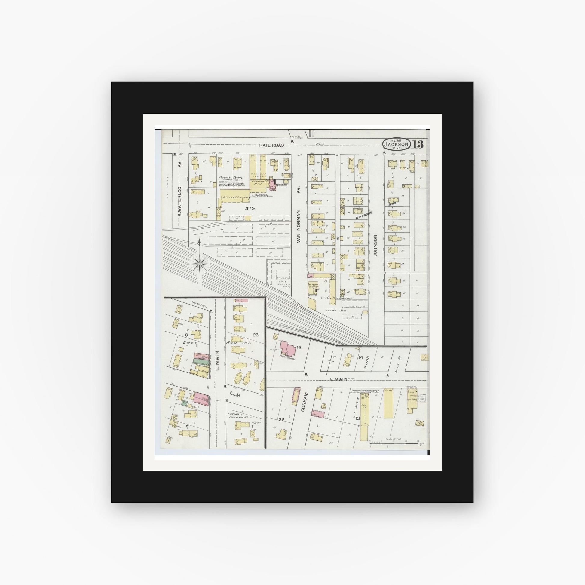 Old map wall art mockup — black gallery frame with white mat — Sanborn Fire Insurance Map from Jackson, Jackson County, Michigan (1893), Sheet #0013