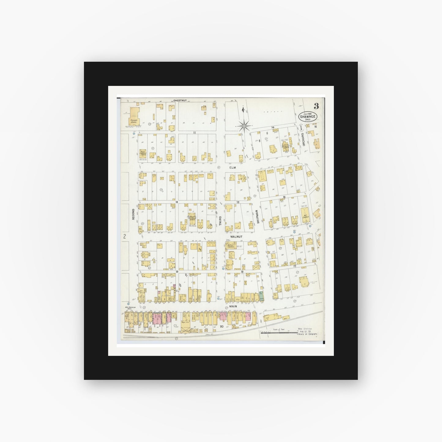 Old map wall art mockup — black gallery frame with white mat — Sanborn Fire Insurance Map from Shawnee, Perry County, Ohio (1901), Sheet #0003