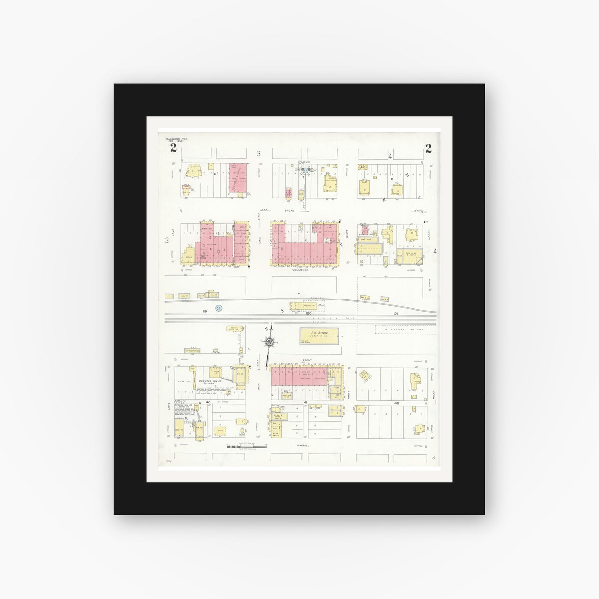 Old map wall art mockup — black gallery frame with white mat — Sanborn Fire Insurance Map from Oakwood, Leon County, Texas (1939), Sheet #0002