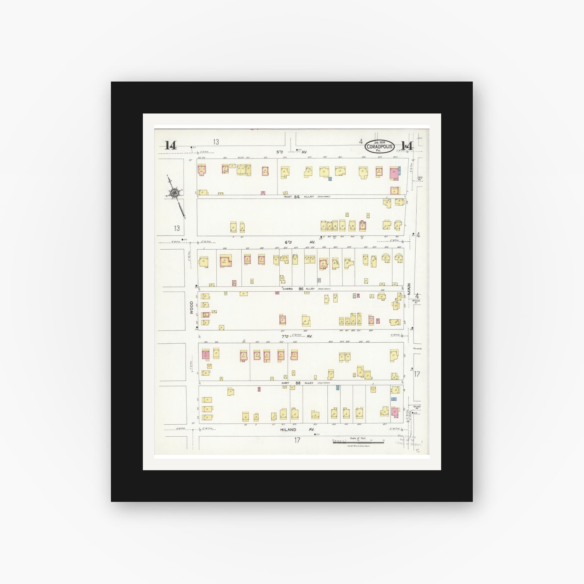 Old map wall art mockup — black gallery frame with white mat — Sanborn Fire Insurance Map from Coraopolis, Allegheny County, Pennsylvania (1924), Sheet #0014