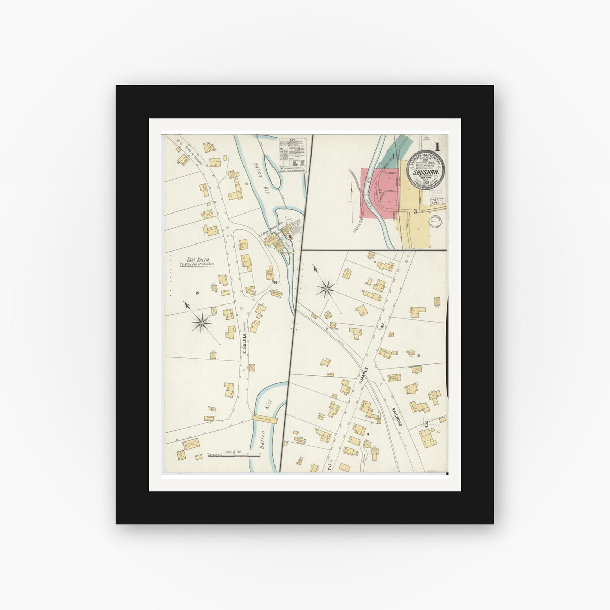Old map wall art mockup — black gallery frame with white mat — Sanborn Fire Insurance Map from Shushan, Washington County, New York (1902) - Complete Map Set