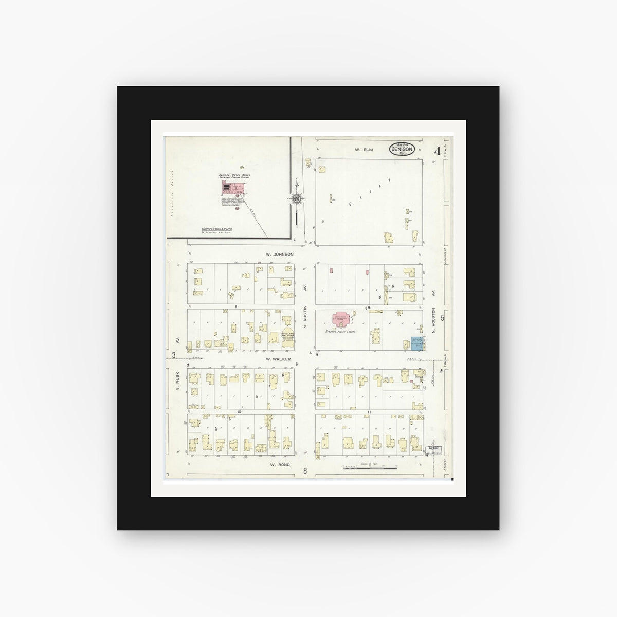 Old map wall art mockup — black gallery frame with white mat — Sanborn Fire Insurance Map from Denison, Grayson County, Texas (1914), Sheet #0004