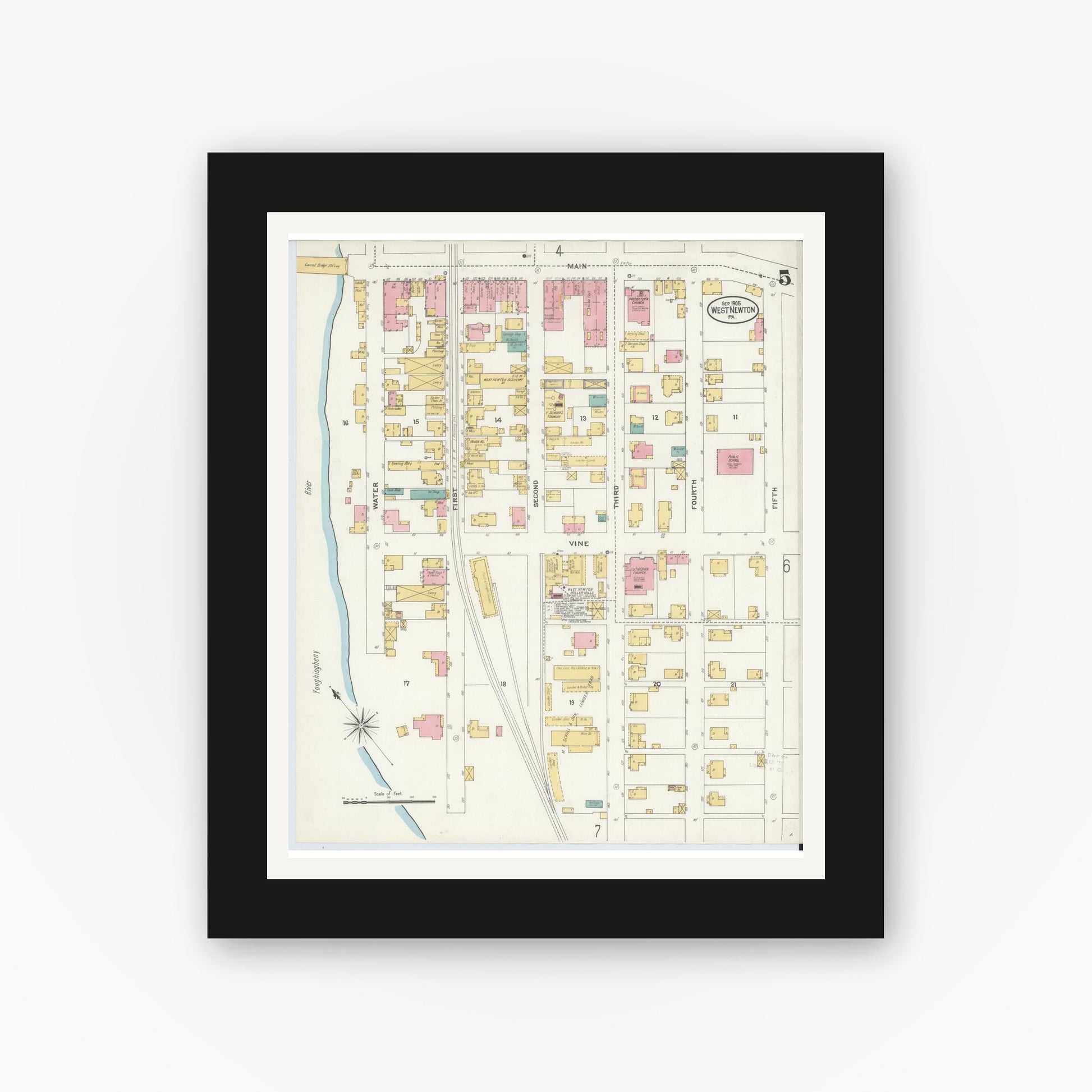 Old map wall art mockup — black gallery frame with white mat — Sanborn Fire Insurance Map from West Newton, Westmoreland County, Pennsylvania (1905), Sheet #0005