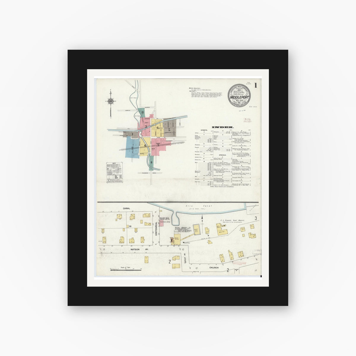 Old map wall art mockup — black gallery frame with white mat — Sanborn Fire Insurance Map from Middleport, Niagara County, New York (1911) - Complete Map Set