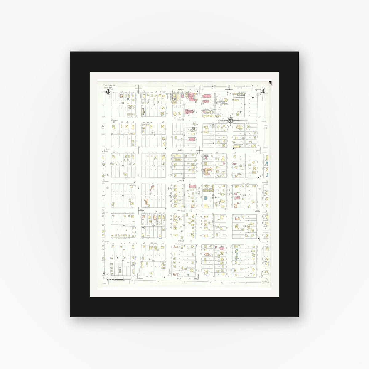 Old map wall art mockup — black gallery frame with white mat — Sanborn Fire Insurance Map from Levelland, Hockley County, Texas (1942), Sheet #0004