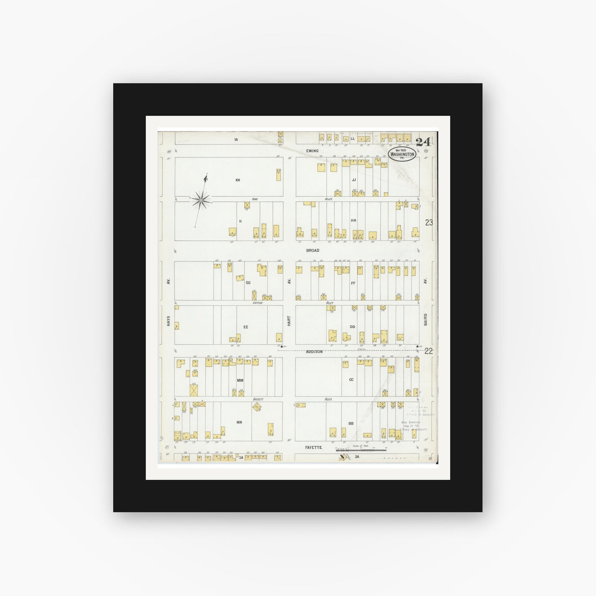 Old map wall art mockup — black gallery frame with white mat — Sanborn Fire Insurance Map from Washington, Washington County, Pennsylvania (1900), Sheet #0024