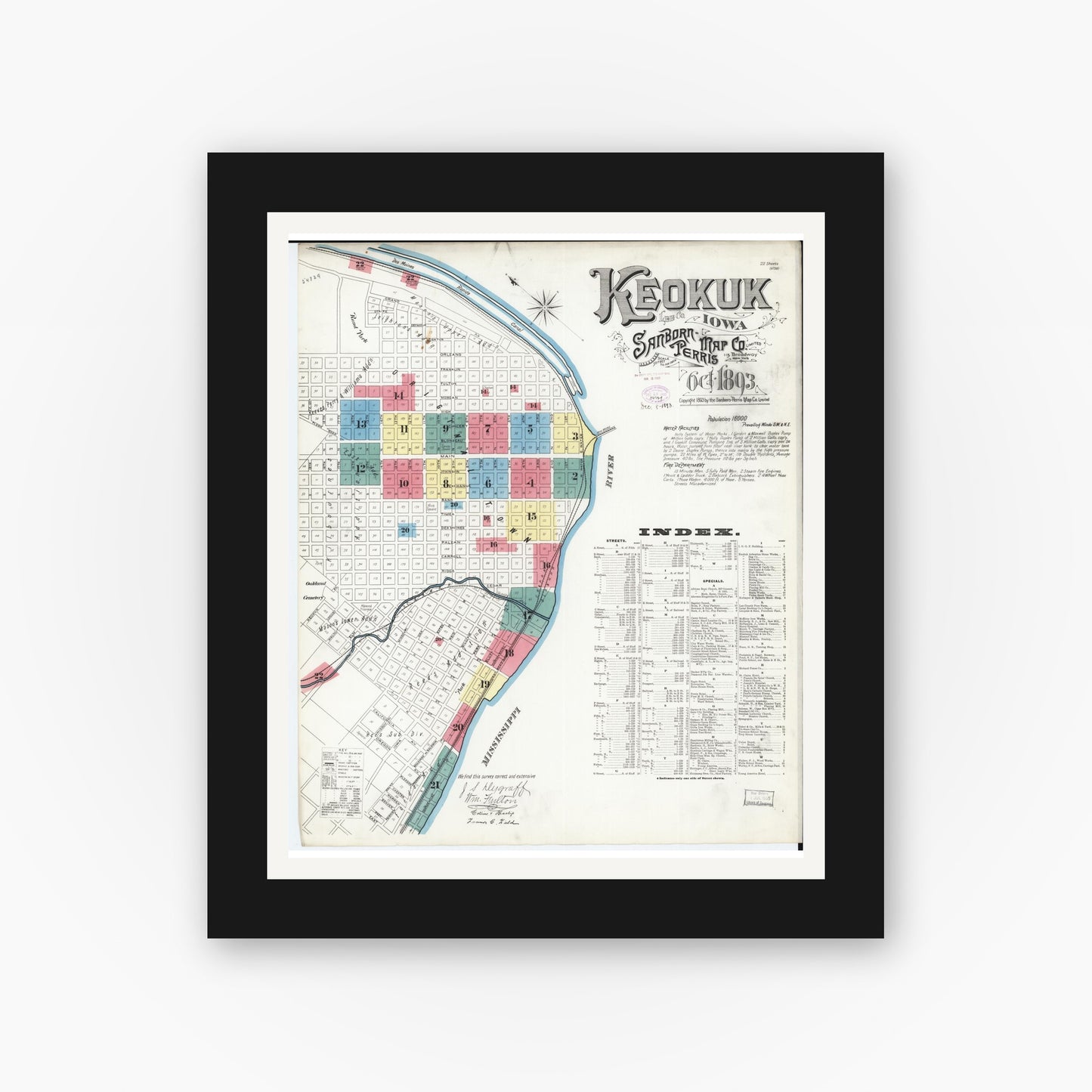 Old map wall art mockup — black gallery frame with white mat — Sanborn Fire Insurance Map from Keokuk, Lee County, Iowa (1893) â€” Complete Set