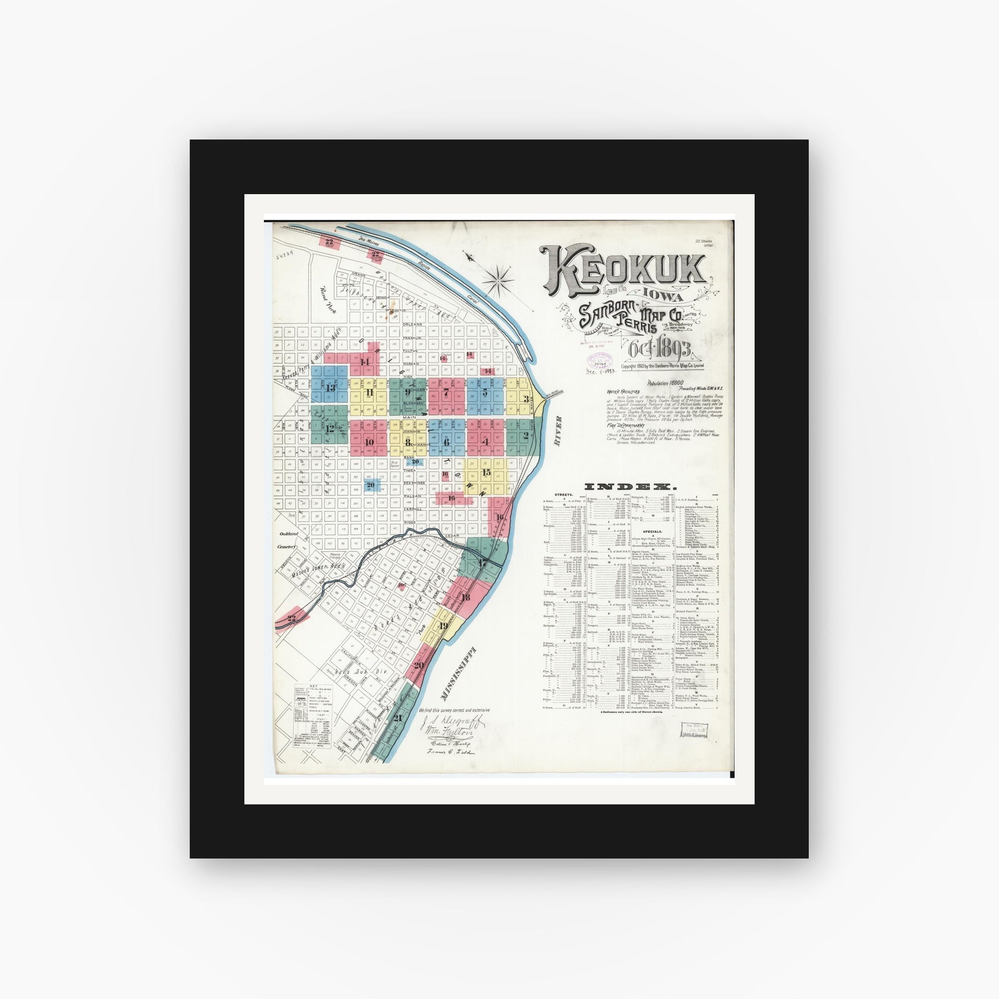 Old map wall art mockup — black gallery frame with white mat — Sanborn Fire Insurance Map from Keokuk, Lee County, Iowa (1893) â€” Complete Set