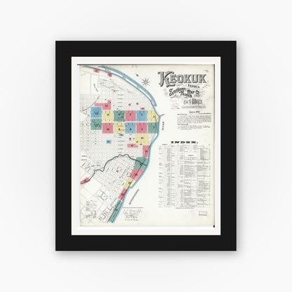 Old map wall art mockup — black gallery frame with white mat — Sanborn Fire Insurance Map from Keokuk, Lee County, Iowa (1893) â€” Complete Set