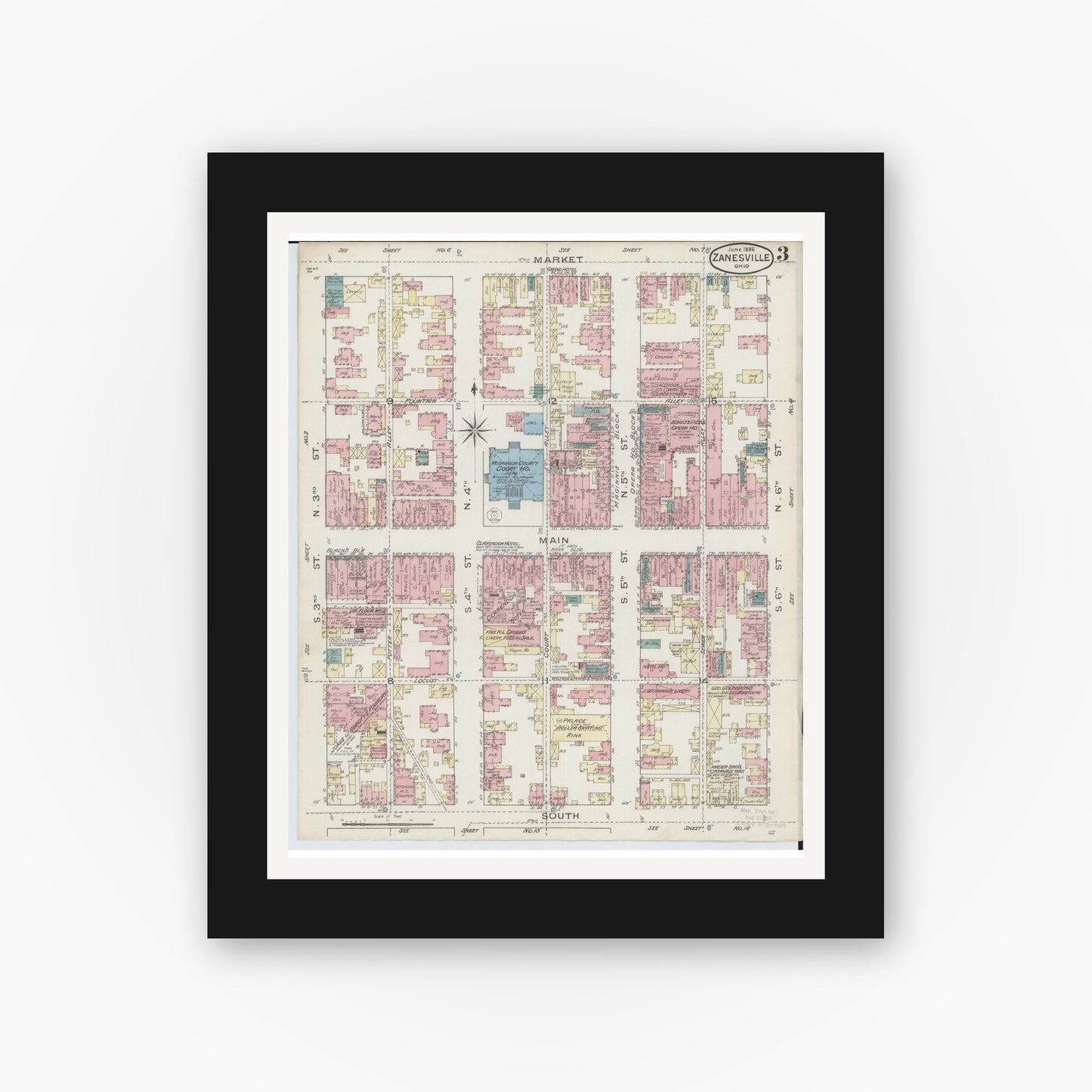 Old map wall art mockup — black gallery frame with white mat — Sanborn Fire Insurance Map from Zanesville, Muskingum County, Ohio (1886), Sheet #0003