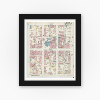 Old map wall art mockup — black gallery frame with white mat — Sanborn Fire Insurance Map from Zanesville, Muskingum County, Ohio (1886), Sheet #0003