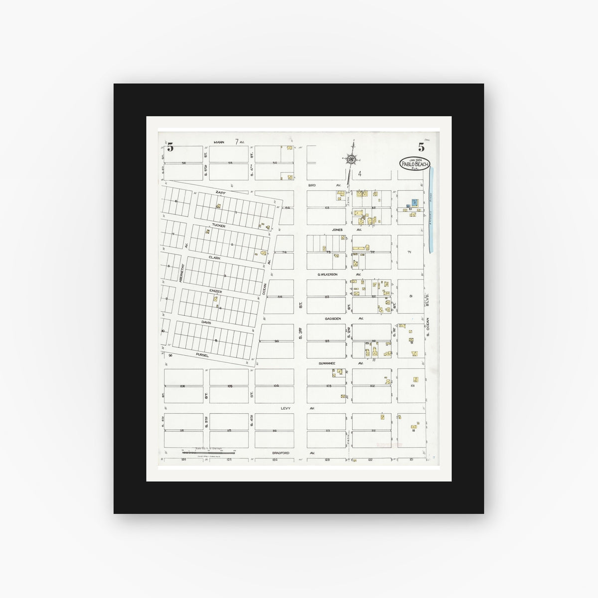 Old map wall art mockup — black gallery frame with white mat — Sanborn Fire Insurance Map from Pablo Beach, Duval County, Florida (1924), Sheet #0005