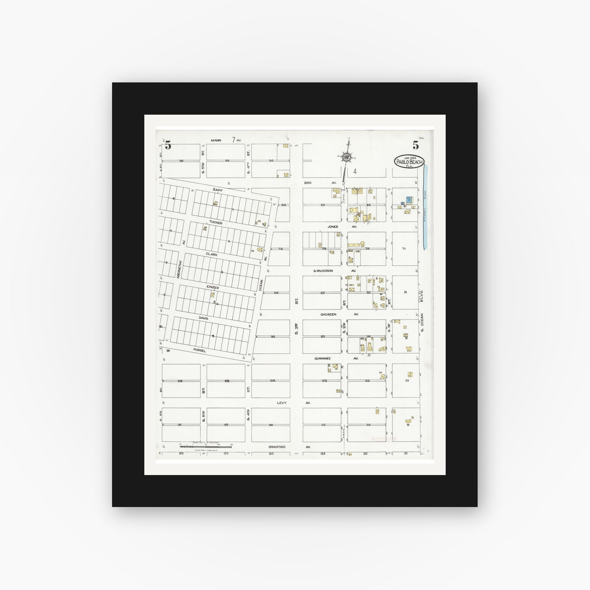 Old map wall art mockup — black gallery frame with white mat — Sanborn Fire Insurance Map from Pablo Beach, Duval County, Florida (1924), Sheet #0005