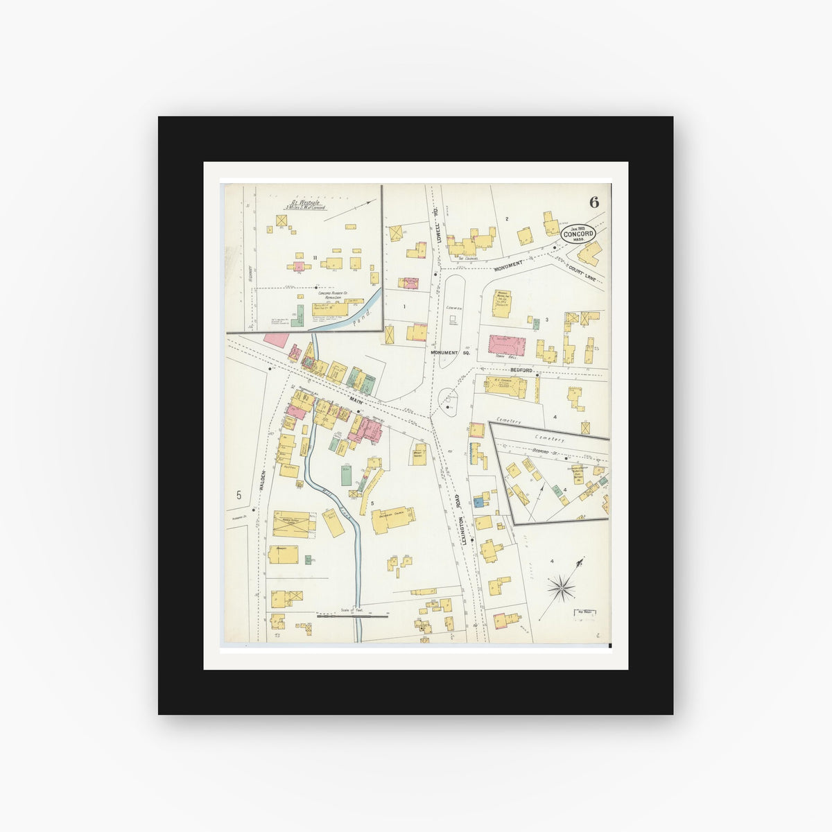 Old map wall art mockup — black gallery frame with white mat — Sanborn Fire Insurance Map from Concord, Middlesex County, Massachusetts (1903), Sheet #0006
