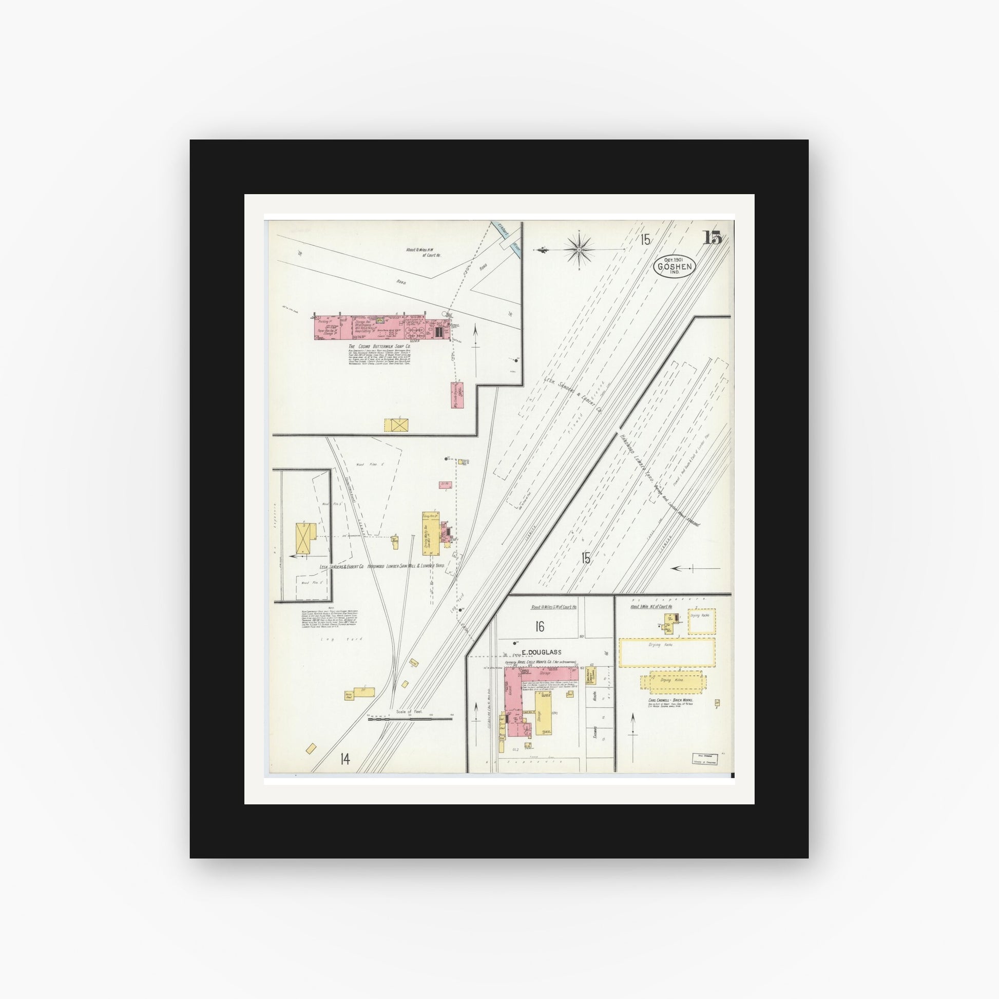 Old map wall art mockup — black gallery frame with white mat — Sanborn Fire Insurance Map from Goshen, Elkhart County, Indiana (1901), Sheet #0015