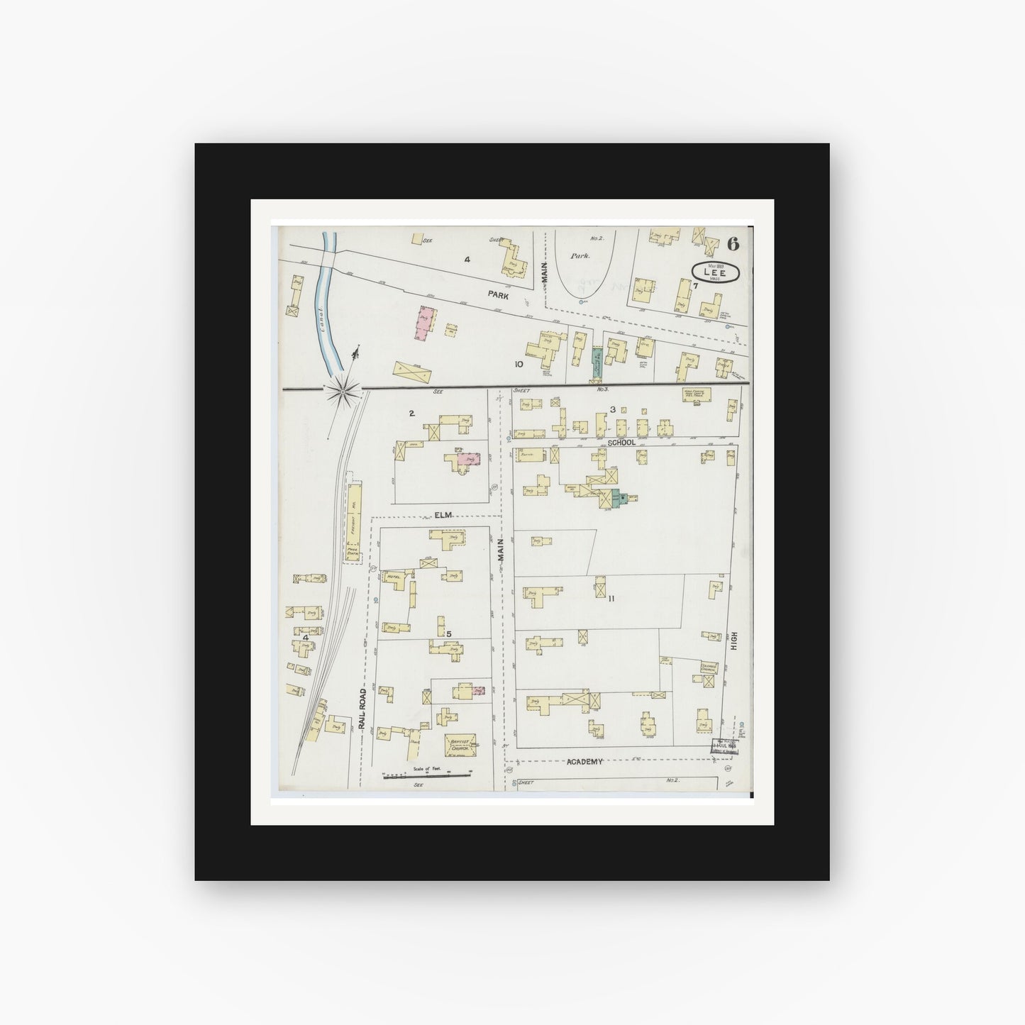 Old map wall art mockup — black gallery frame with white mat — Sanborn Fire Insurance Map from Lee, Berkshire County, Massachusetts (1889), Sheet #0006