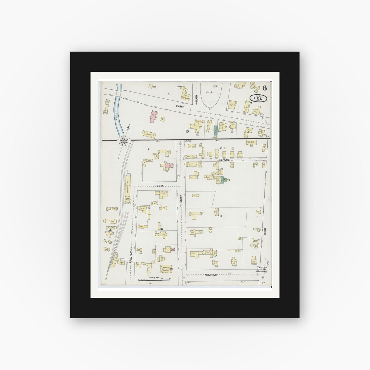 Old map wall art mockup — black gallery frame with white mat — Sanborn Fire Insurance Map from Lee, Berkshire County, Massachusetts (1889), Sheet #0006