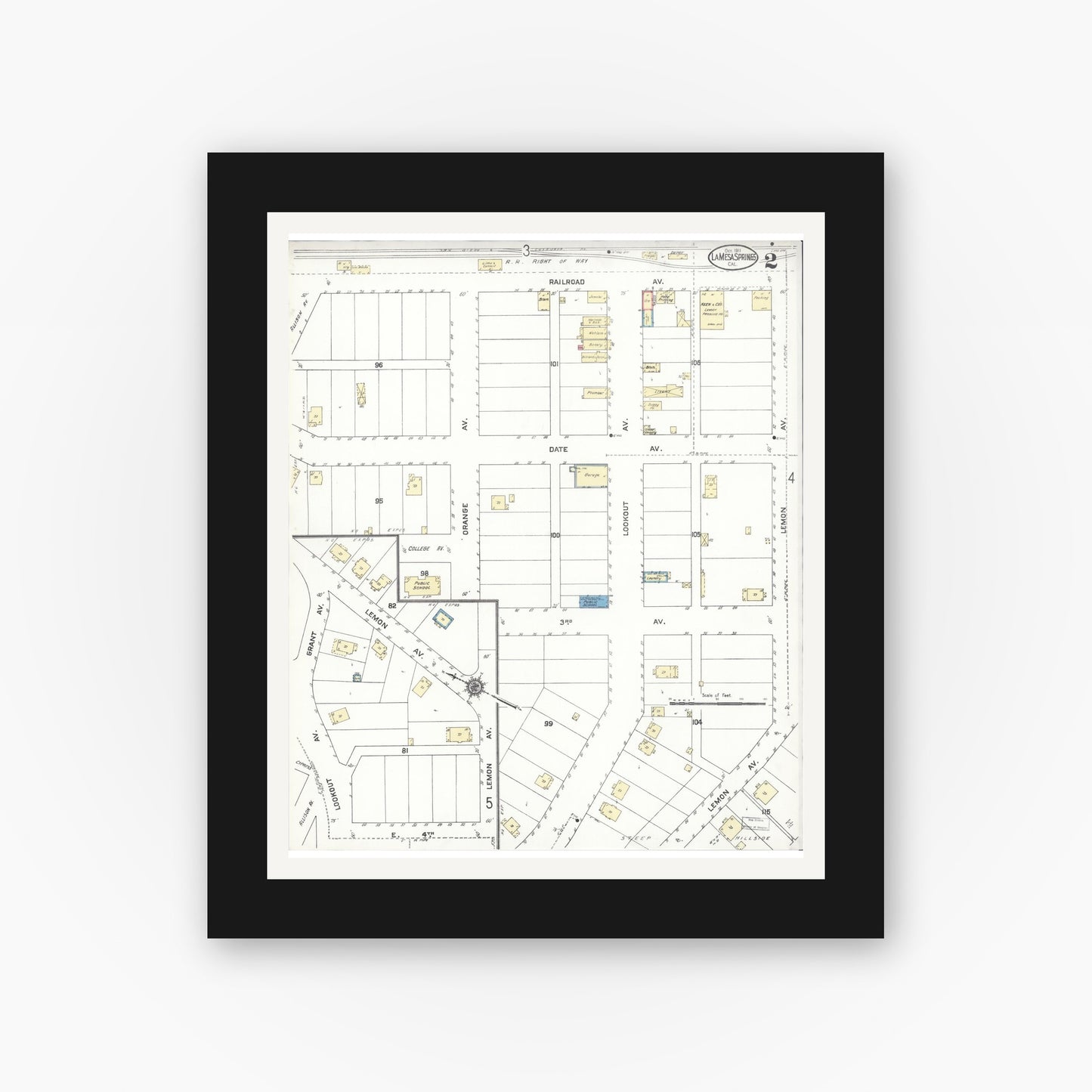 Old map wall art mockup — black gallery frame with white mat — Sanborn Fire Insurance Map from La Mesa, San Diego County, California (1911), Sheet #0002