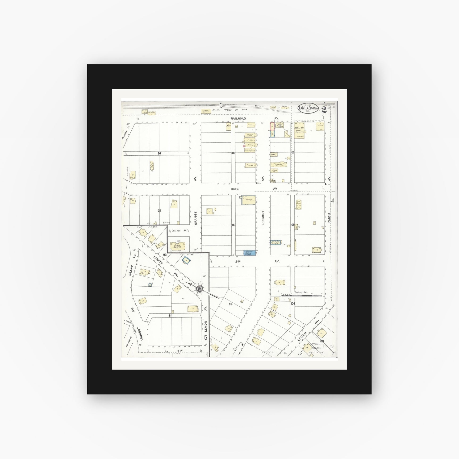 Old map wall art mockup — black gallery frame with white mat — Sanborn Fire Insurance Map from La Mesa, San Diego County, California (1911), Sheet #0002