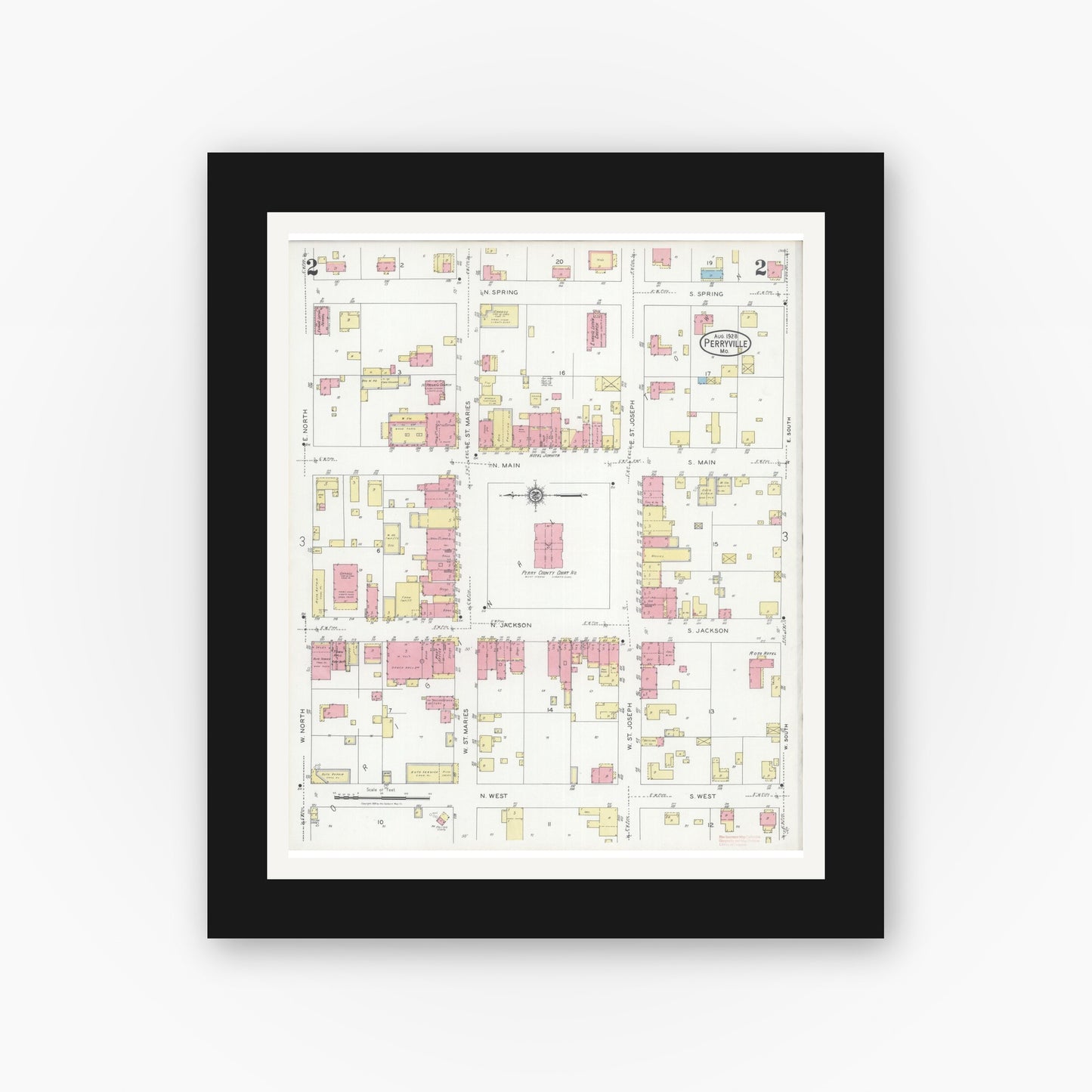 Old map wall art mockup — black gallery frame with white mat — Sanborn Fire Insurance Map from Perryville, Perry County, Missouri (1928), Sheet #0002