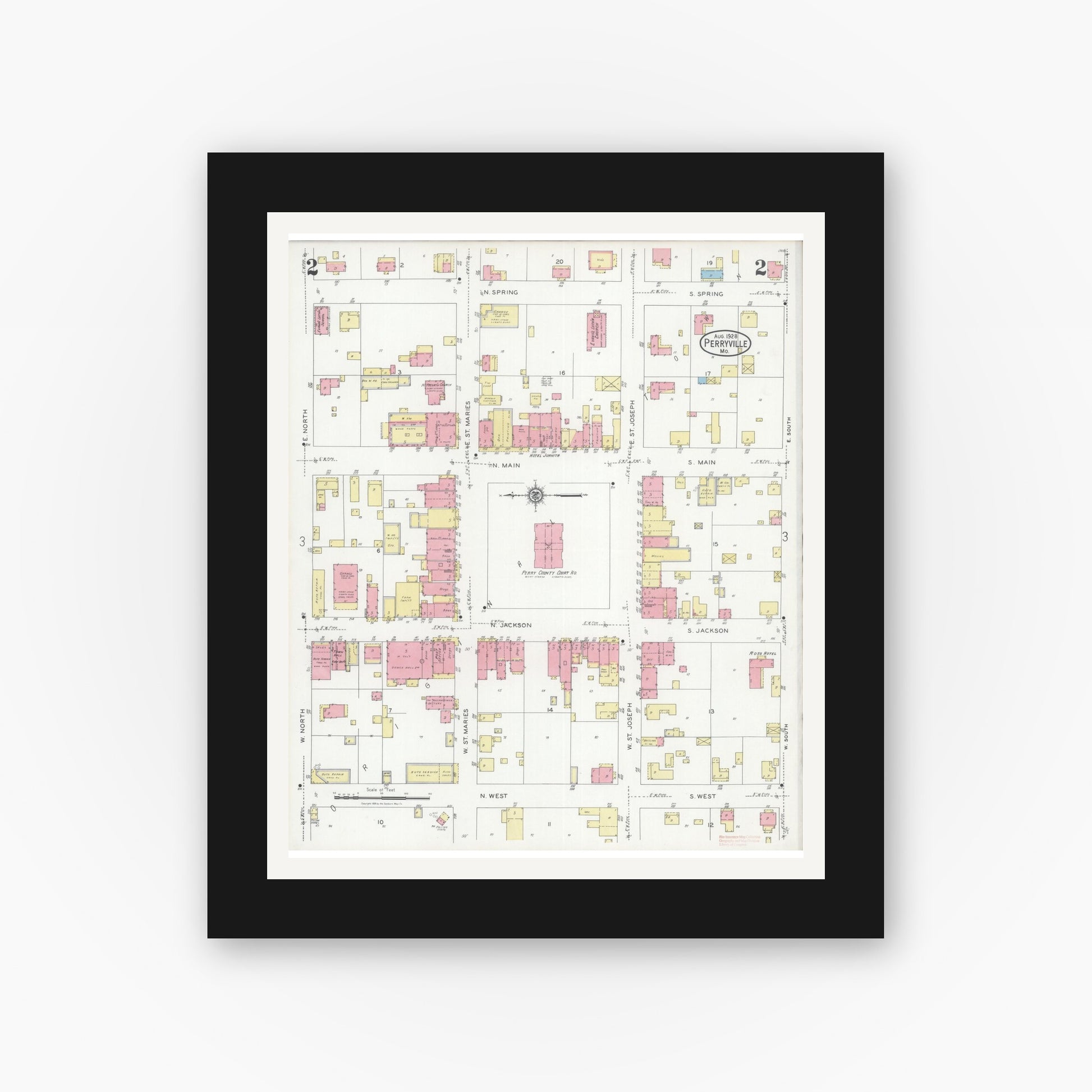 Old map wall art mockup — black gallery frame with white mat — Sanborn Fire Insurance Map from Perryville, Perry County, Missouri (1928), Sheet #0002