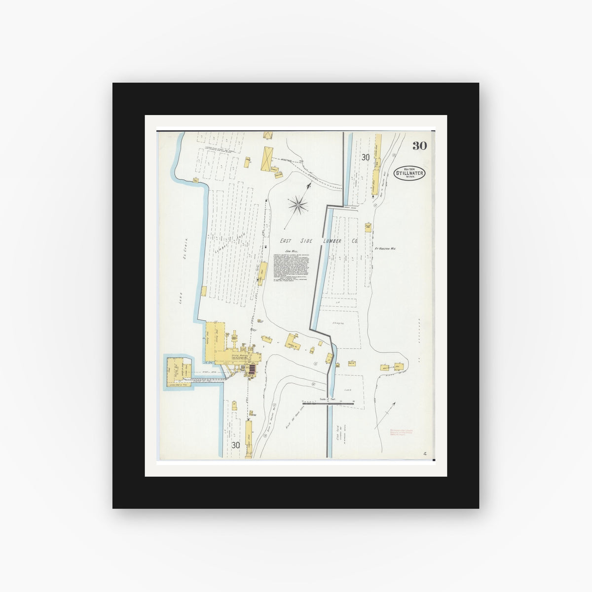 Old map wall art mockup — black gallery frame with white mat — Sanborn Fire Insurance Map from Stillwater, Washington County, Minnesota (1904), Sheet #0030