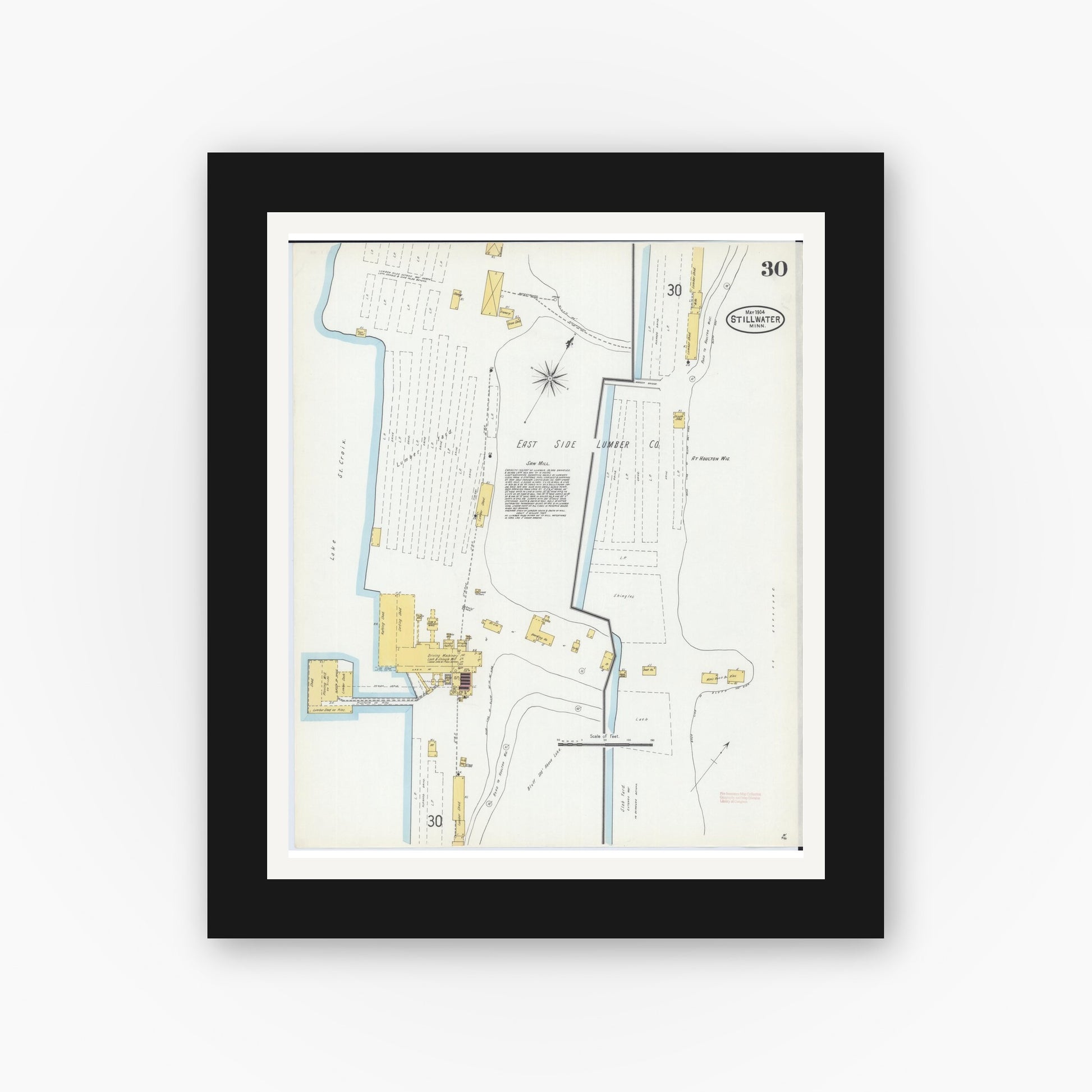 Old map wall art mockup — black gallery frame with white mat — Sanborn Fire Insurance Map from Stillwater, Washington County, Minnesota (1904), Sheet #0030