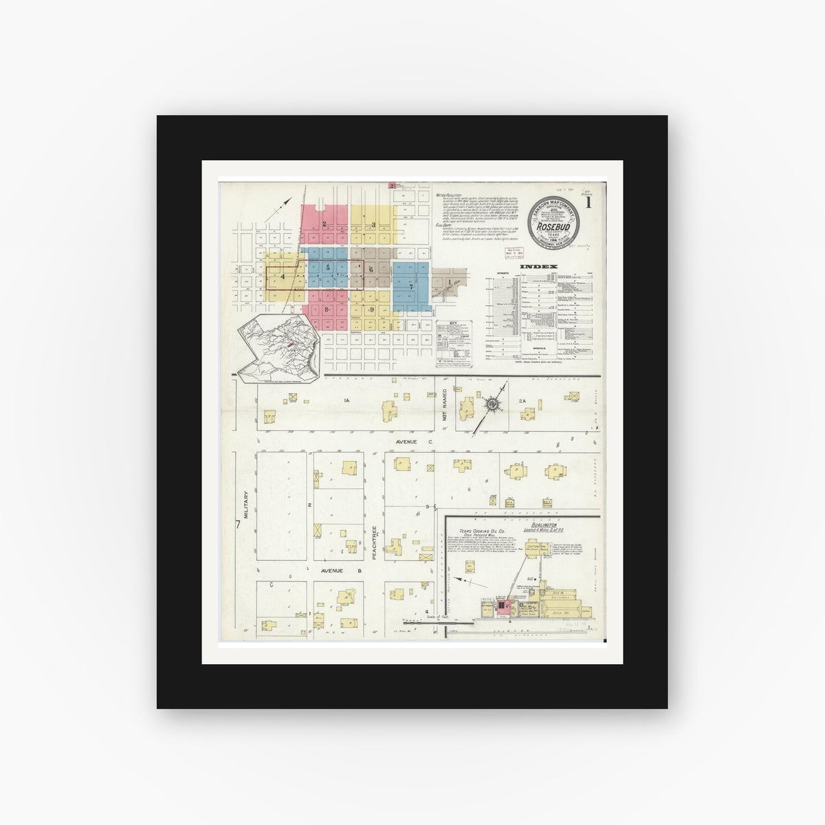 Old map wall art mockup — black gallery frame with white mat — Sanborn Fire Insurance Map from Rosebud, Falls County, Texas (1914) - Complete Map Set
