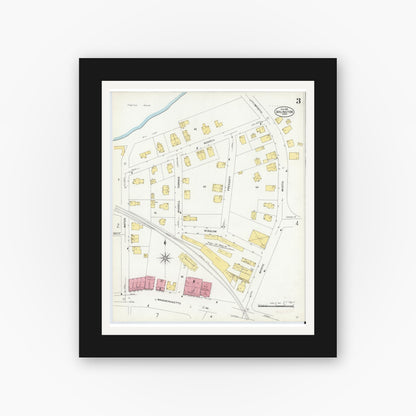 Old map wall art mockup — black gallery frame with white mat — Sanborn Fire Insurance Map from Arlington, Middlesex County, Massachusetts (1908), Sheet #0003