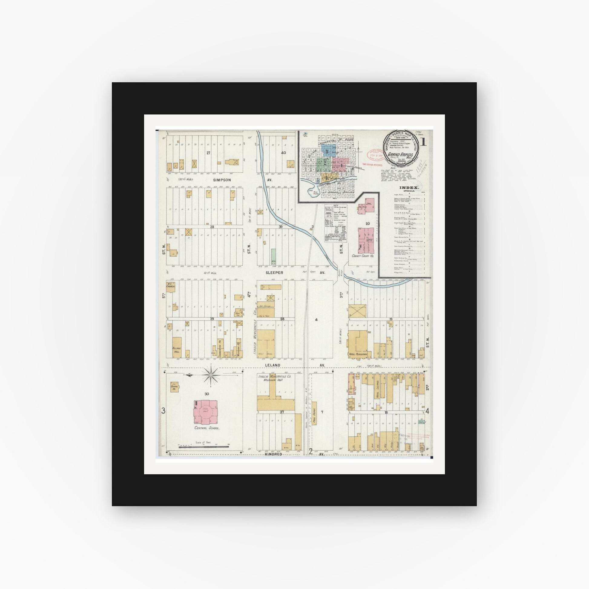 Old map wall art mockup — black gallery frame with white mat — Sanborn Fire Insurance Map from Grand Rapids, Itasca County, Minnesota (1897), Sheet #0001